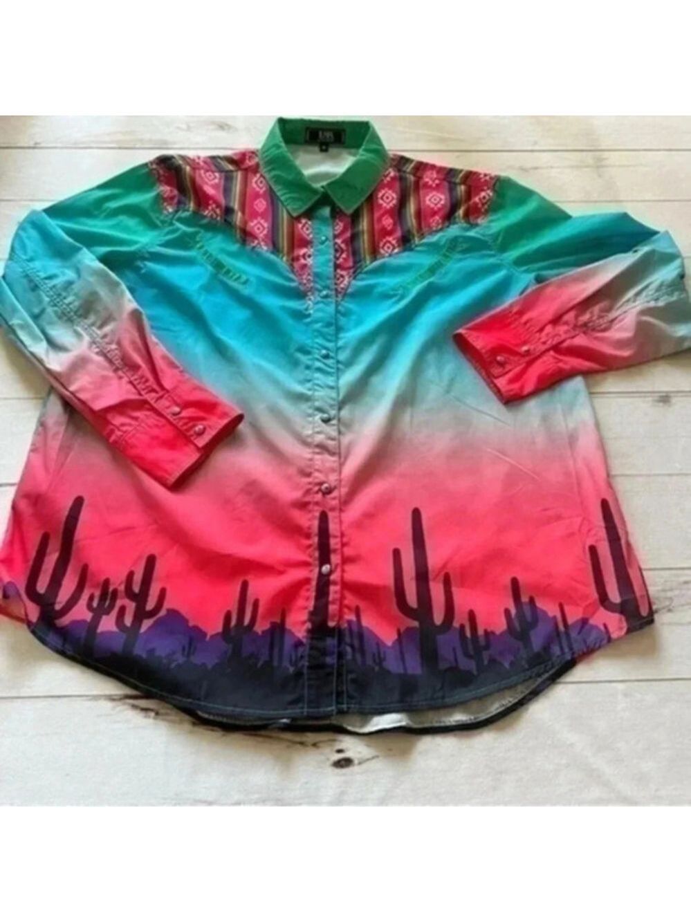 L&B Lucky and Blessed Mens 3X Western Cactus multicolored Snap Buttons Up Shirt
